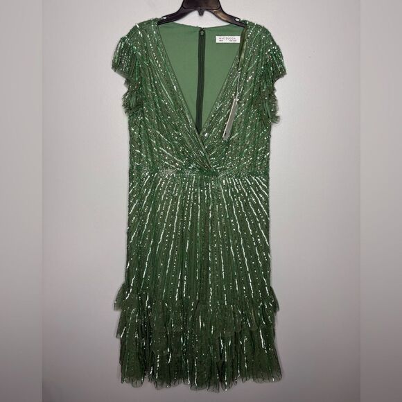 Mac Duggal Beaded Faux Wrap Flutter Sleeve Ruffle Dress NWT - Picture 5 of 9